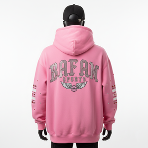 Sudadera con Capucha Básica de Estilo Deportivo Informal, Color Rosa, Tacto Suave, Felpa Gruesa de 320 GSM, con Logotipo Personalizado Bordado y Pedrería - Product Image 2