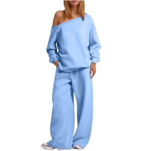 Ensemble de survêtement de sport ample 2 pièces pour femmes sweat à capuche chaud et pantalon polaire pour l'automne et l'hiver motif solide épaule tombante - Product Image 4