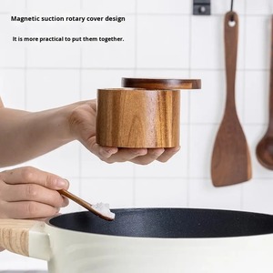 Acacia Wood Salt Jar with Spoon Solid Wood Seasoning Box Pepper Box Kitchen Seasoning Bottle Salt Box Storage Seasoning Jar - Product Image 4
