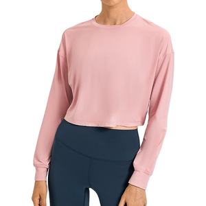 Vente chaude Femmes D'été Crop Tops Respirant À Manches Longues T-Shirts Conception Sans Col Sexy Casual Solide Couleurs Numérique Imprimé - Product Image 3
