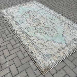 Alfombra Turca, Alfombra Vintage Grande de 5.1x8.9 pies, Alfombra de Lana con Bordes Azul Gris - Product Image 1