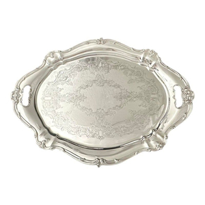 Prime Quality Silver Plated Oval Serving Tray Twin Handle Metal Antique Platter For Home Hotel Restaurant Use & Wedding On Sale - Product Image 5