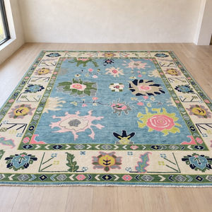 Alfombra Tradicional Oushak Anudada a Mano, Azul Cielo y Verde, Geométrica, Multitamaño, Lana/Seda, Antideslizante, Hecha a Mano, para Corredor, Oración, Picnic - Product Image 1