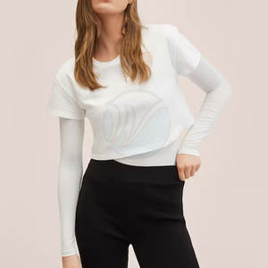 T-shirt double couche décontracté pour femmes, confortable, facile à porter, été, motif solide, logo avant, quantité minimale de commande bas, teint uni - Product Image 1