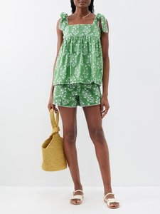 Shorts de Algodón Verde con Estampado Floral, Cintura Natural, Corte Regular, Ropa Casual de Verano - Product Image 2