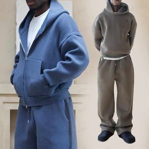 Chándal de neopreno de gran tamaño personalizado para hombre, ropa de calle, conjuntos de pantalones de chándal holgados de algodón tejido con cremallera para hombre, ropa de calle personalizada - Product Image 1