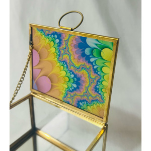 Mini boîte à bijoux européenne vintage en verre imprimé coloré motif carré moderne en laiton métal jante décorations stockage personnalisable - Product Image 3