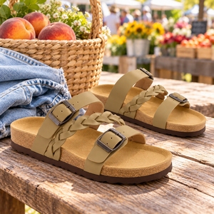Khaki Braided Flat <b>Sandals</b> <b>for</b> <b>Women</b> with Adjustable Double Buckles, Contoured Footbed and Open Toe <b>for</b> <b>Beach</b> Vacation Outfits - Product Image 1