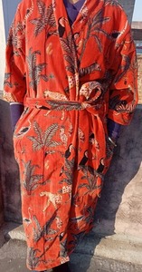 ชุดกิโมโนยาวผ้ากำมะหยี่สีส้มของผู้หญิงชุดนอนแบบผูกเชือกนุ่มพิมพ์ลายสัตว์ชุดใส่อยู่บ้านทรงเข้ารูปสไตล์วินเทจไซส์ฟรีไซส์ - Product Image 5