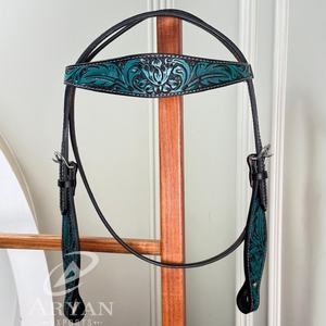 Bride occidentale de serre-tête de cheval en cuir taillé à la main avec des accents de cristal turquoise pour Rodeo Trail & Barrel Racing Tack - Product Image 1