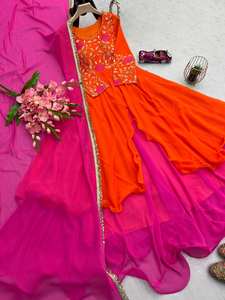 ชุดเดรส Anarkali ผ้าจอร์เจตต์เนื้อหนาปักลายสีส้มชมพู พรีเมียม ยูนิตี้ ลักซ์ชัวร์ พร้อมผ้าคลุมไหล่ดีไซเนอร์ สำหรับงานปาร์ตี้ฤดูร้อน ระบายอากาศได้ดี - Product Image 4