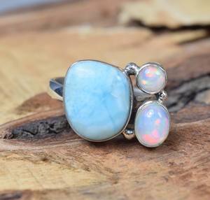 Anillo de Larimar y Ópalo, Plata de Ley 925, Chapado en Rodio, Anillo de Lujo con Múltiples Piedras Preciosas, Hecho a Mano, Anillo de Moda para Mujer, Talla Estadounidense 9 - Product Image 6