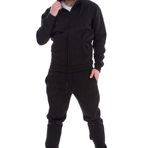 Survêtement à capuche et fermeture éclair côtelé noir 100% coton survêtements de Gym coton polaire sport Jogging hommes survêtement à capuche ensemble - Product Image 1