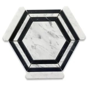 C35AXH Carrara Blanc Marbre Hexagone Nero Bande Géométrique Mosaïque Carrelage Naturel Calcite pour Utilisation au Sol pour Chambre Salle de Bain - Product Image 1