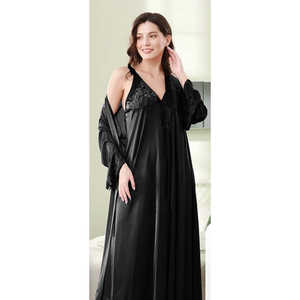 <b>Black</b> Full-Length Bridal Nighty Women's Sleepwear for Special Occasions-Cami & Gown with <b>Ribbon</b> - Product Image 4