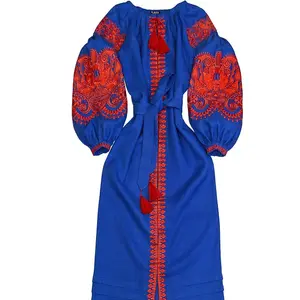 우크라이나 들러리 고품질 여성 드레스 레이스 보헤미안 & 집시 캐주얼 웨딩 파티 드레스와 자수 긴 소매 드레스
