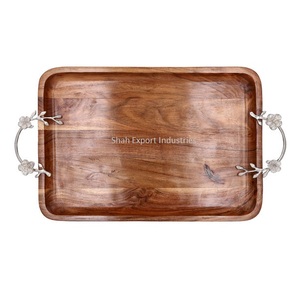 Stylish Natural Wooden Serving <b>Tray</b> With Black Metal Handles Kitchenware Home and Hotel <b>Snacks</b> & Juice Serving <b>Tray</b> - Product Image 5