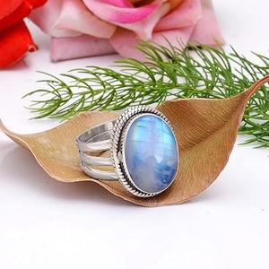 แหวนออกแบบสีเงินสเตอร์ลิงทำด้วยมือ925อย่างดีที่สุดพร้อมสแตมป์925มูนสโตนไฟสีฟ้าธรรมชาติสำหรับงานแต่งงาน - Product Image 2