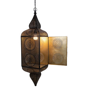Vintage Moroccan Lantern Hanging <b>Lamp</b> Handcrafted Black Iron & Golden Metal <b>Lamps</b> With Cutout Design For Home Decoration & Hotel - Product Image 1