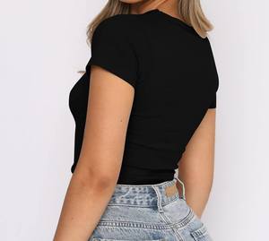 Femmes mignon à la mode haut court basique serré exposé nombril chemise encolure dégagée à manches courtes haut de travail pour adolescentes mode d'été - Product Image 5