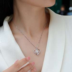 925 Sterling <b>Silver</b> Double <b>Heart</b> Pendant <b>Necklace</b> in Solid 10K Pure Gold Plated Round Lab Grown Diamond Valentine <b>Heart</b> <b>Necklace</b> - Product Image 4