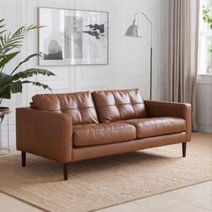 Mid-Century Modern Full Genuine Leather Brown Couch Comfortable <b>Sofa</b> for Living Room Apartment Furniture Use - Product Image 1