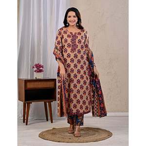 Beige Butta <b>Block</b> <b>Printed</b> Cotton Kurta Pant Set with Mulmul Dupatta Indian Style Ethnic Wear for Daily Party Occasions - Product Image 4