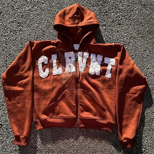 100% coton surdimensionné soleil délavé Streetwear Applique broderie à capuche personnalisé hommes poids lourd fermeture éclair en détresse lavage à l'acide sweats à capuche - Product Image 2