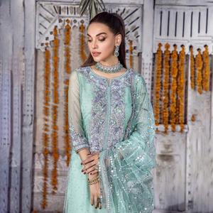 Vestido Punjabi de Salwar Kameez de seda bordado azul claro hecho a mano de la colección India pakistaní - Product Image 5