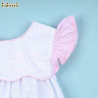 OEM ODM Vente en gros Combinaison sans manches à smocks faits main pour bébés filles, motif pois rose, certifiée OEKO-TEX, 100% coton
