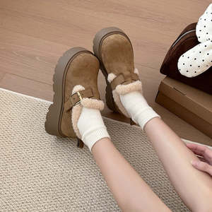Bottes de neige en peluche courte à bouche profonde avec talon moyen (3-5 cm) en daim de vache (cuir mat) Bout en caoutchouc Chaussures simples avec semelle plateforme - Product Image 2