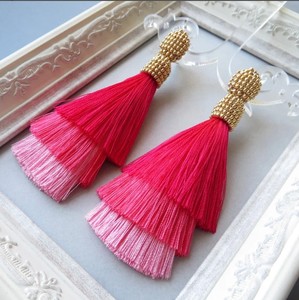 Hot Pink <b>Clip</b> <b>on</b> <b>Earrings</b> Pink Ombre Tiered Silk Beaded Tassel <b>Earrings</b> Statement Stud <b>Earrings</b> - Product Image 1
