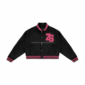 Veste universitaire en mélange de laine de qualité supérieure 320 GSM noir rose côtes contrastées broderie en chenille personnalisée Logo Design veste universitaire pour hommes - Product Image 3