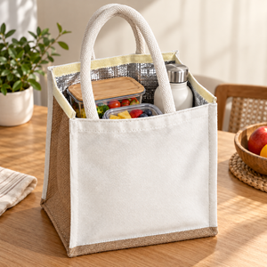 Bolsa térmica para el almuerzo de lona natural, 10 x 10.5 x 5.5 pulgadas, 310 GSM, aislada, reutilizable, con logo personalizado. - Product Image 5