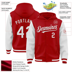 OEM Fabrication Personnalisée Veste à Capuche Deux Tons Bomber Blanc Rouge Full-Snap Varsity Letterman Imprimé Techniques Brodées - Product Image 2