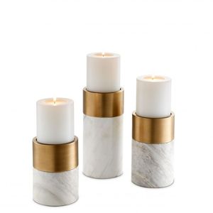 Set of 3 Elegant Solid Marble and <b>Brass</b> Pillar <b>Candle</b> <b>Holder</b> Gold & White Color for Home & Wedding Decorations - Product Image 3