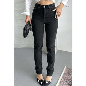 Jean en denim taille haute Mom Fit, délavage foncé, élément de mode simple, lavable - Product Image 2