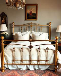 Brass <b>Bed</b> Frame <b>vintage</b> style bedroom furniture ornate design sturdy build reliable support aged finish heritage home decor - Product Image 5