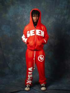 Conjunto Deportivo de Felpa Francesa 100% Algodón con Cremallera, Traje Deportivo Personalizado con Apliques Desgastados, Pantalones Deportivos Anchos y Sudadera con Capucha para Hombre - Product Image 6