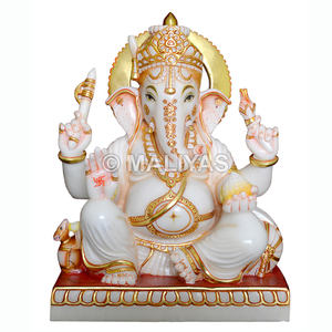 รูปปั้นพระพิฆเนศหินอ่อนสีขาวทำด้วยมือสำหรับบ้าน - Product Image 1