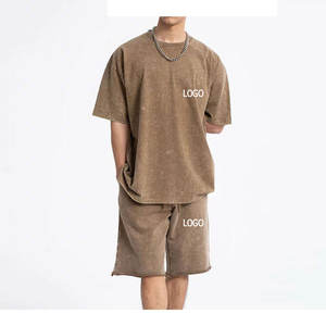 Ensemble short d'été surdimensionné délavé à l'acide grande taille 100% coton ensemble t-shirt et short pour hommes avec logo personnalisé en vente en gros - Product Image 2