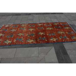 พรมขนสัตว์เย็บปะติดปะต่อกันสีส้มสีฟ้าแบบดั้งเดิมขนาด4.2x9.6ฟุตทำด้วยมือสไตล์ทาบริซสี่เหลี่ยมมุมฉากแบบตุรกีเป็นมิตรต่อสิ่งแวดล้อม - Product Image 3