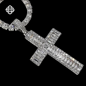 Hiphop Moissanite Iced Out Cruz colgante collar para hombres mujeres lujo Bling Baguette CZ 925 joyería religiosa de plata esterlina - Product Image 2