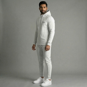 Conjunto de chándales transpirables para hombre, sudadera blanca con cremallera completa, pantalones para correr, ropa deportiva ajustada para gimnasio, ropa deportiva con logotipo personalizado - Product Image 3