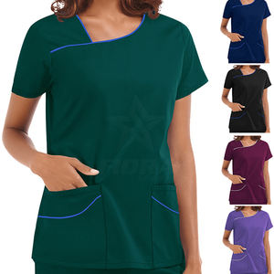 Haut de récurage médical à col en V unisexe OEM ensemble d'uniforme de passepoil extensible à manches courtes pour médecins, infirmières, médecins et hôpitaux en vente de gros - Product Image 1