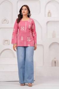 Kurta Rosa de Algodón para Mujer con Estampado Blanco Pintado a Mano, Corte Holgado, Ropa Étnica para Uso Diario Informal, Largo Regular, Estilo Indio - Product Image 4