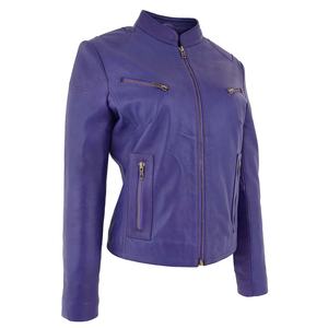 Veste de motard en cuir d'agneau véritable pour femme, violette, surdimensionnée, manteau d'hiver pour moto avec doublure en laine et fermeture à boutons - Product Image 1
