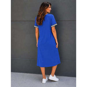 Women's Short-Sleeved V-Neck Midi-Length <b>Viscose</b> <b>Dress</b> with Slit, 37806 - Saks Blue - Product Image 4