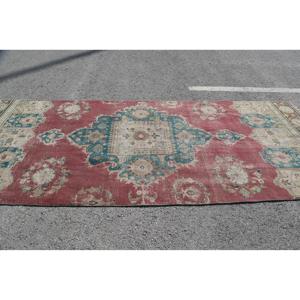 Turkish Vintage Rug, 5x12.5 ft Rug, <b>Red</b> Blue Plants & trees <b>Wool</b> Rug - Product Image 4