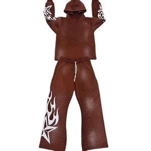 Streetwear d'hiver à capuche avec imprimé délavé au soleil Rhinestone ensemble de survêtement 2 pièces survêtement de haute qualité pour hommes et femmes - Product Image 3
